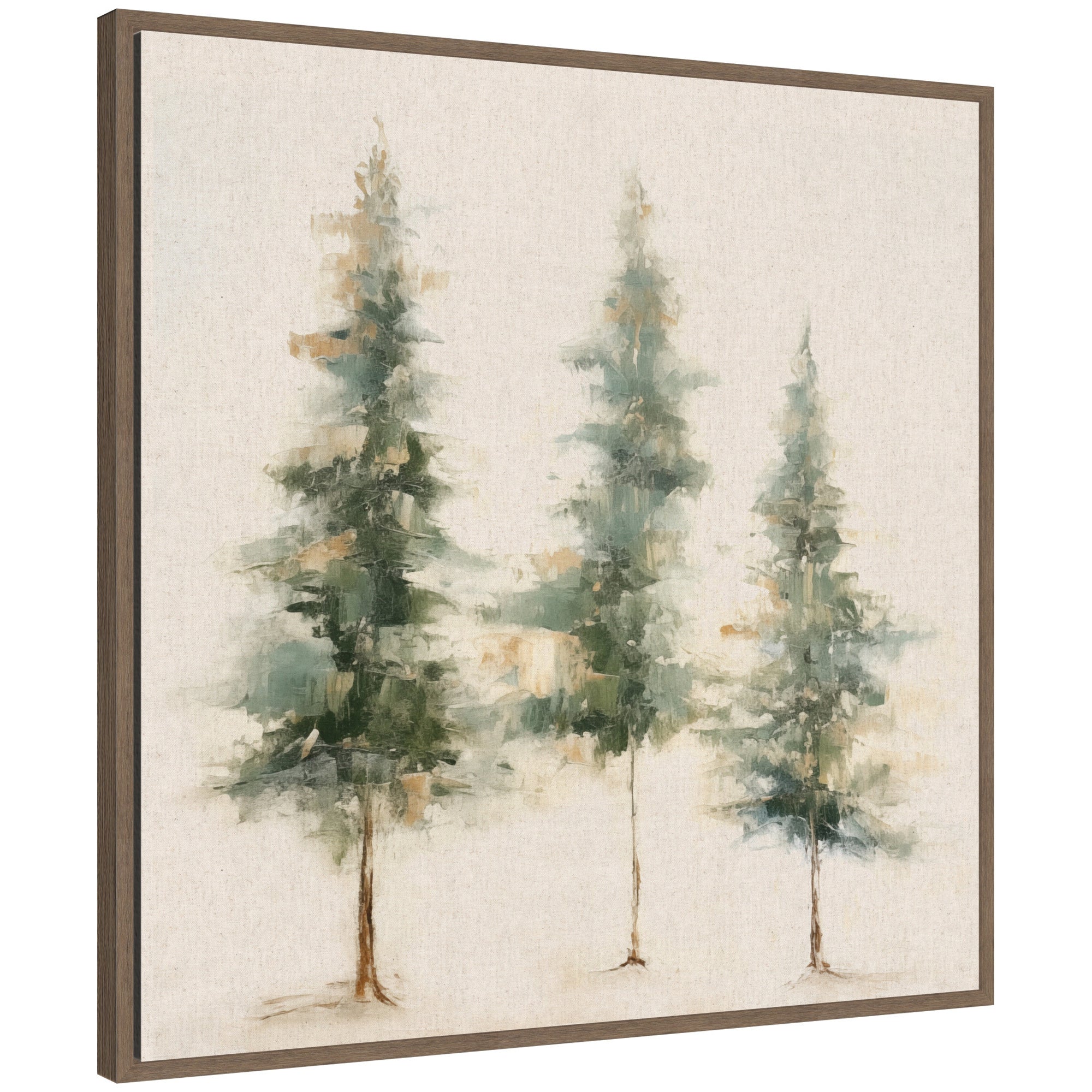 Sylvie Abstract Forest Evergreen Trees on Neutral Linen Framed Canvas by The Creative Bunch Studio