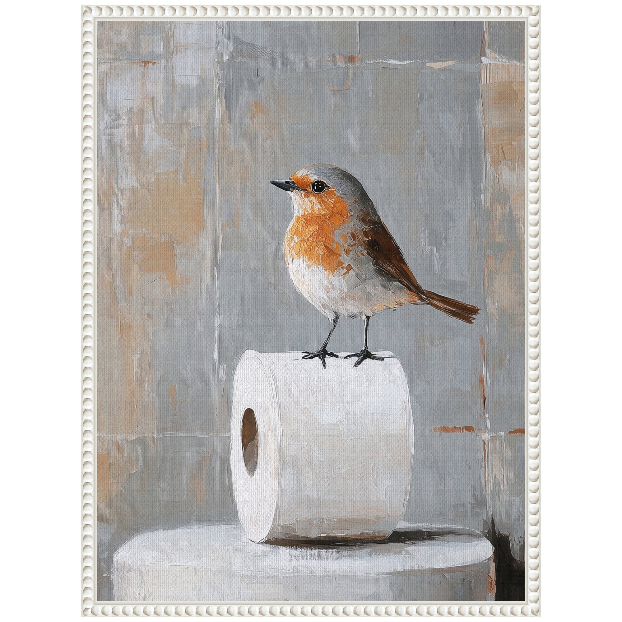 Sylvie Bird Standing on Toilet Paper Roll Toilet Bathroom Art Framed Canvas by The Creative Bunch Studio