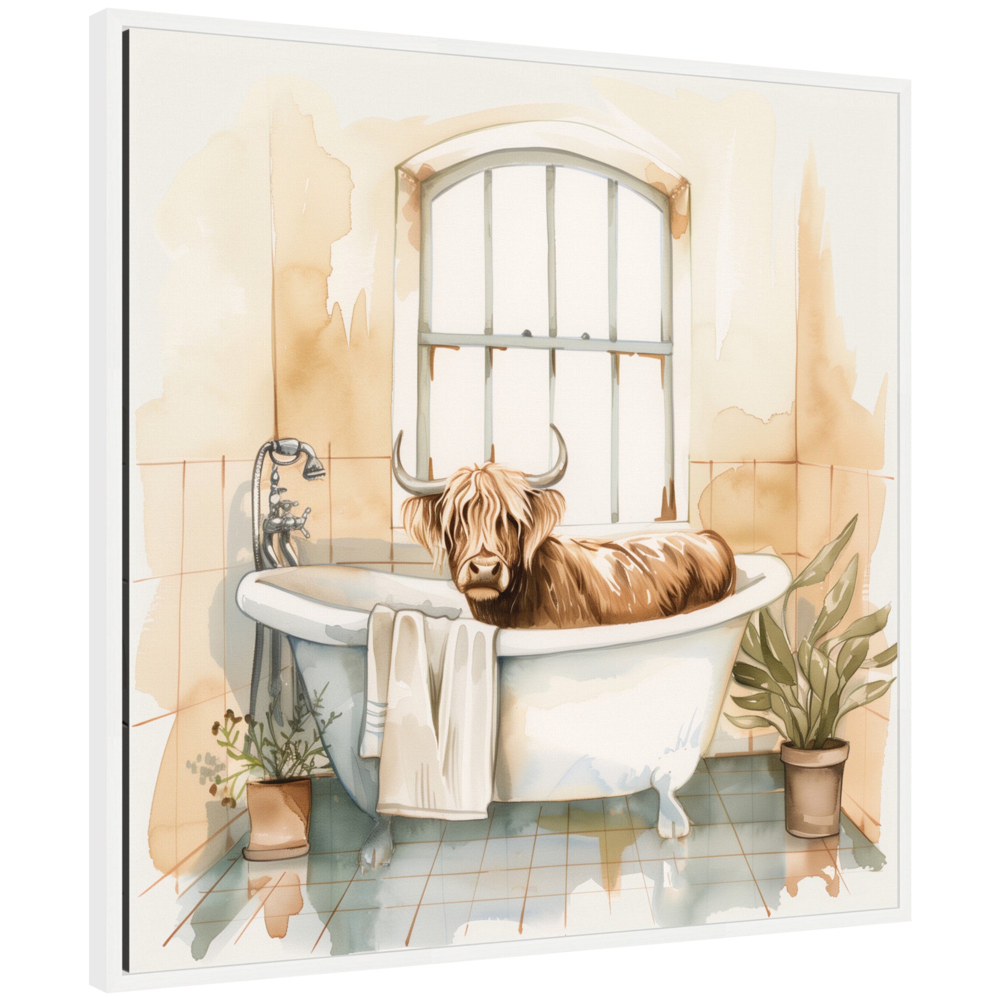 Sylvie Highland Cow Bathroom Watercolor Framed Canvas by The Creative Bunch Studio