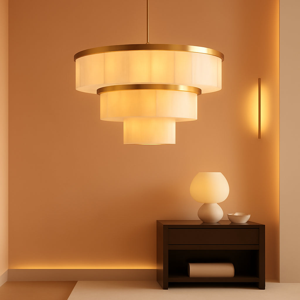 Alabaster 3 Tier Chandelier 34 Inch Gold Finish Fixture-0