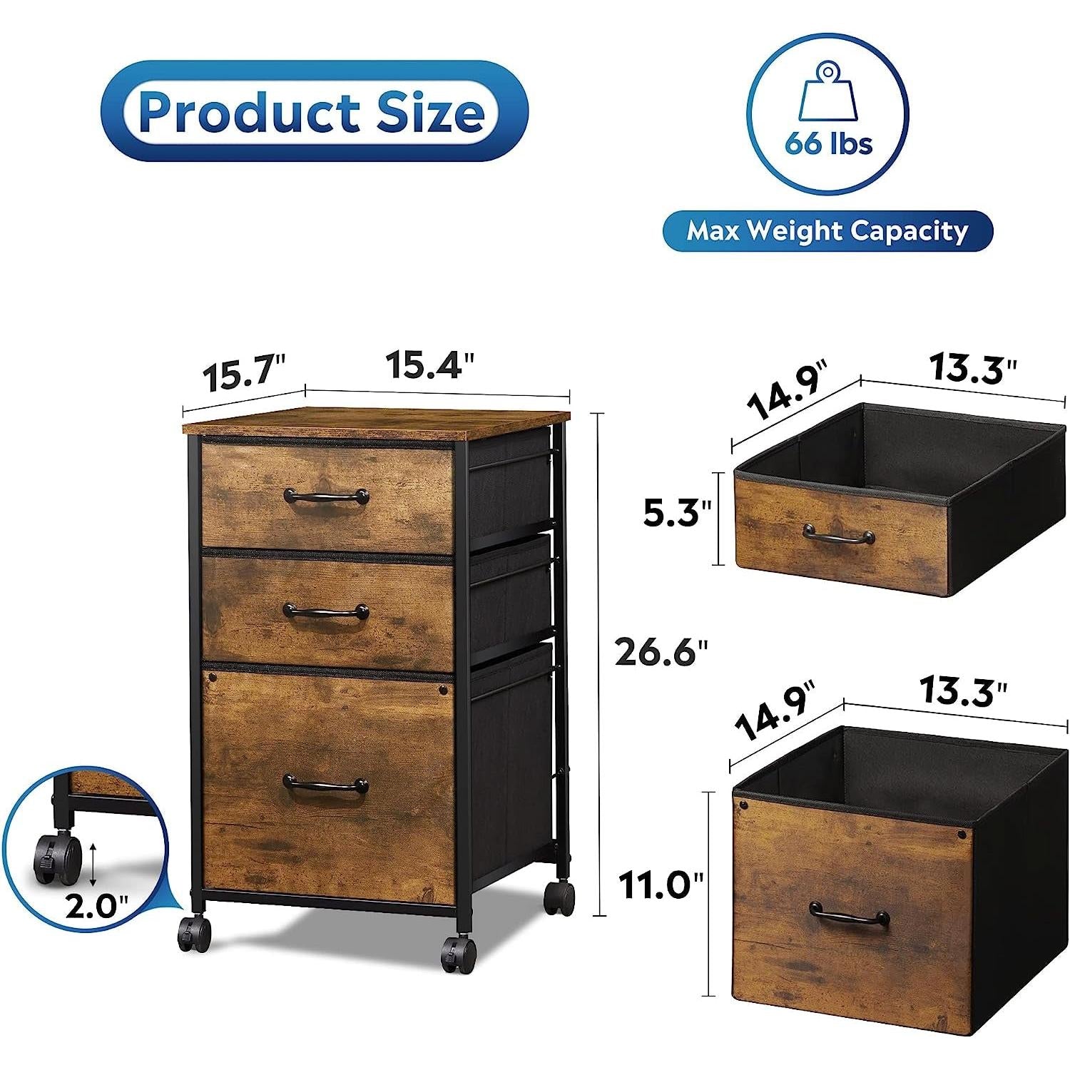 Rolling File Cabinet 3 Drawer In Rustic Brown Office Furniture