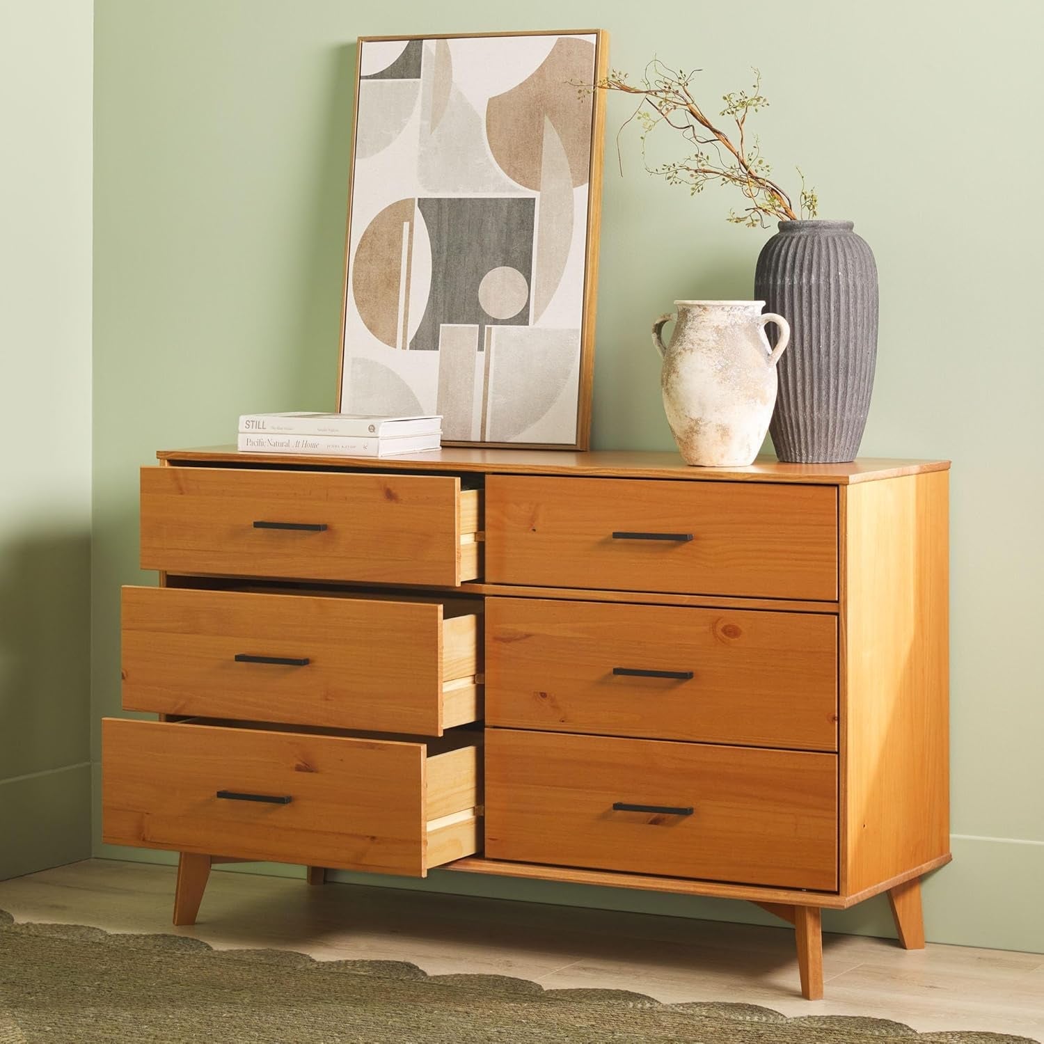Walker Edision 6-Drawer Dresser In Solid Pine Wood With Metal Handles Caramel