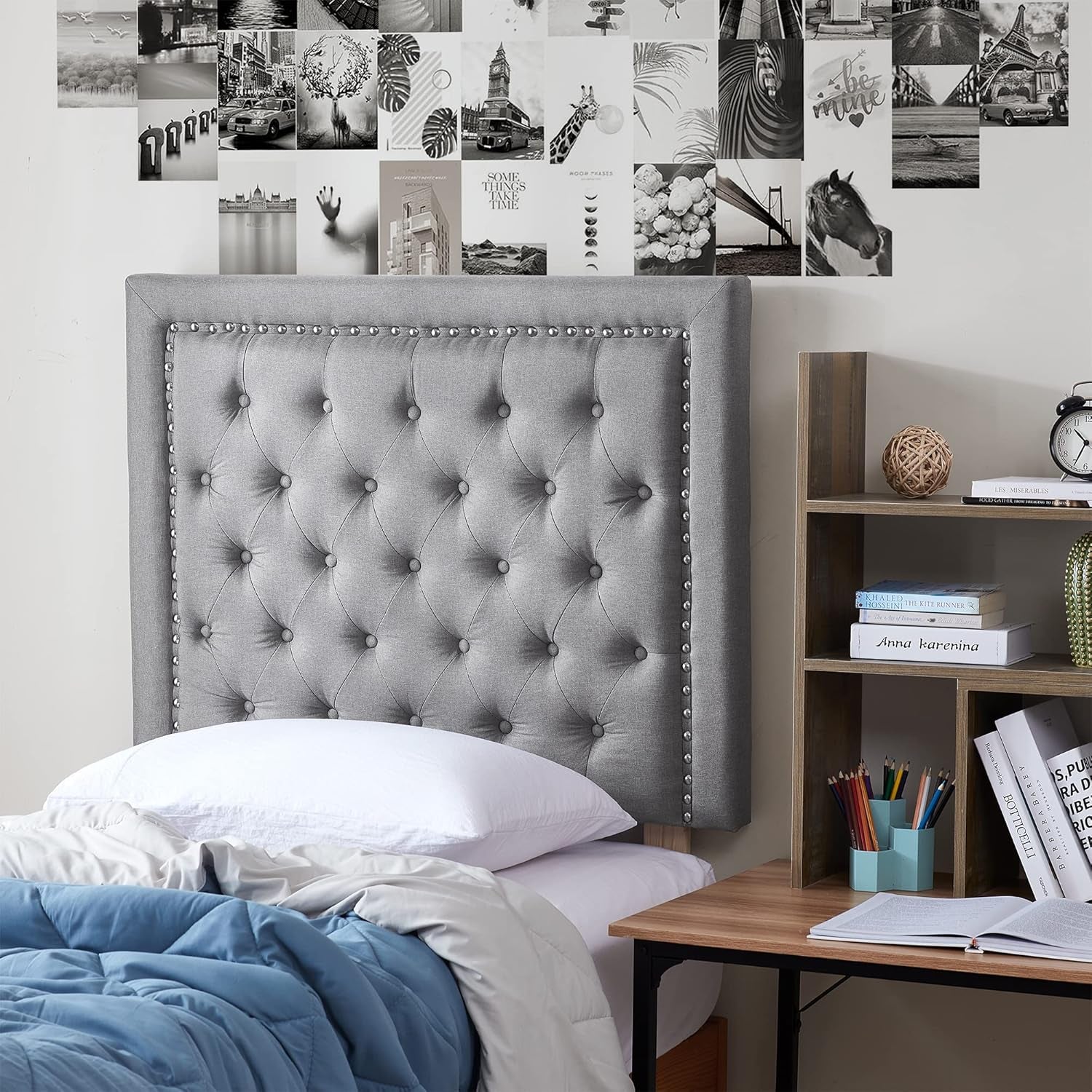 Tufted Linen Gray Dorm Headboard with Nailhead Trim