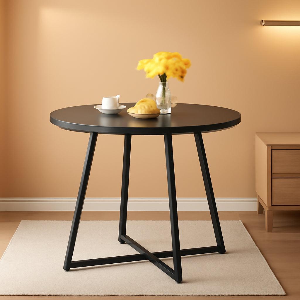 Round Black Woodgrain Top Dining Table With Steel Frame