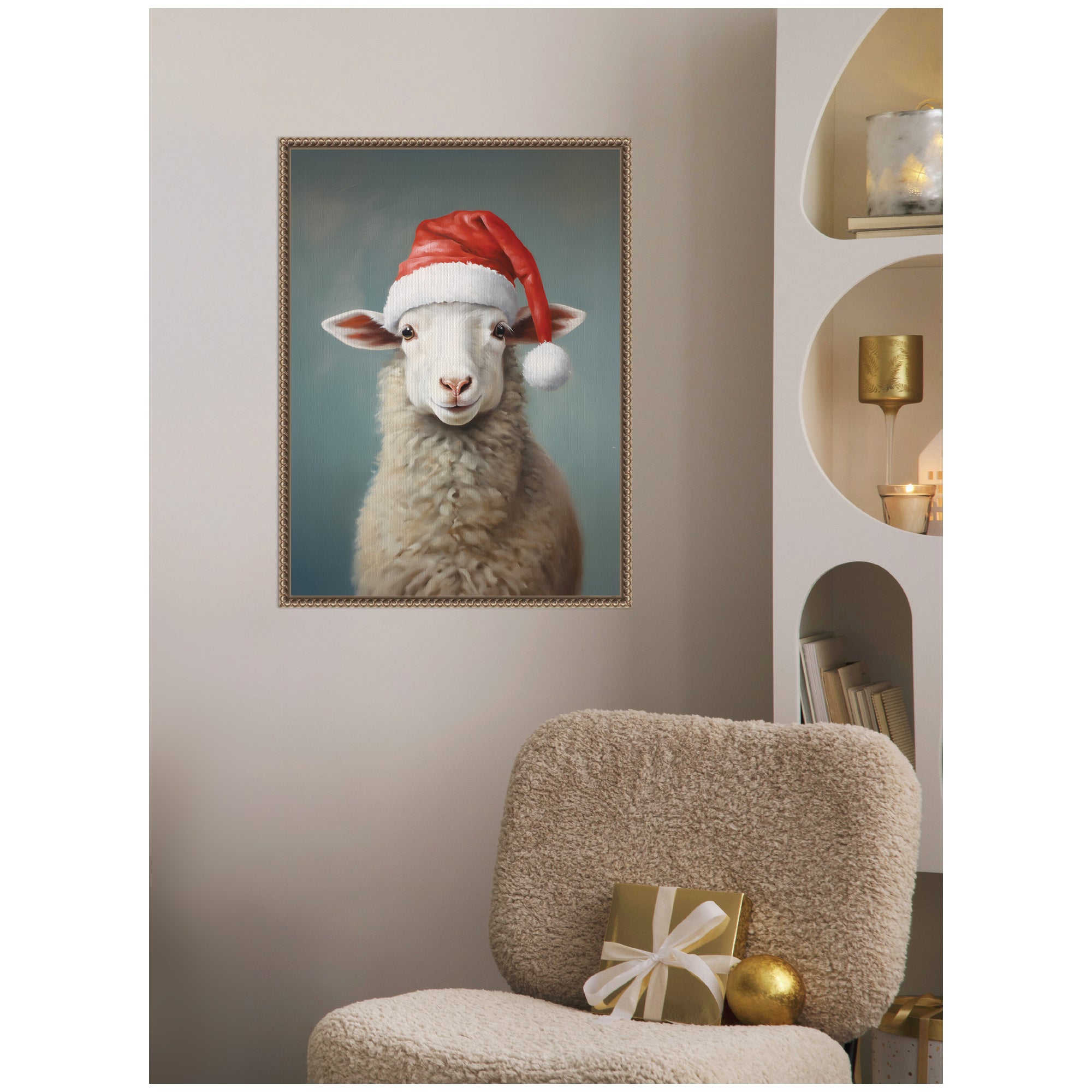 Sylvie Beaded Sweet Sheep Santa Hat Framed Canvas by The Creative Bunch Studio