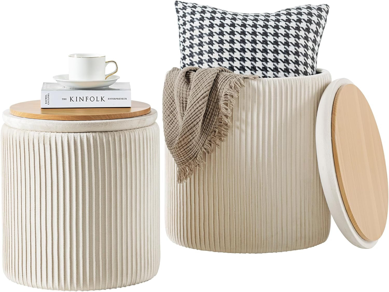 Beige Velvet Storage Ottoman With Hidden Compartment