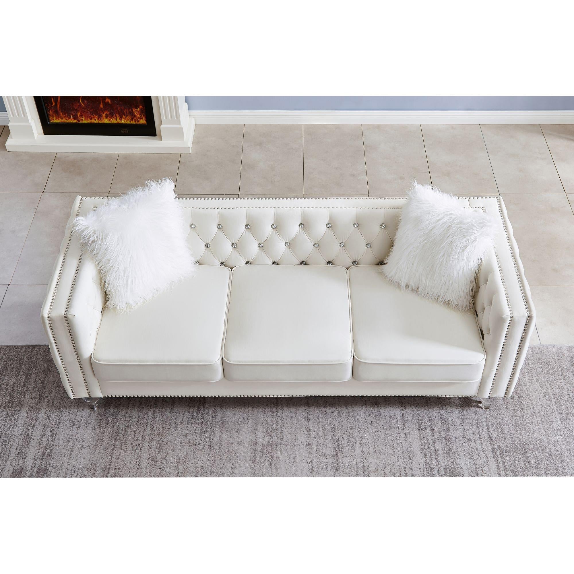 Velvet Upholstery Tufted Sofa Crystal Feet Removable Cushion-2