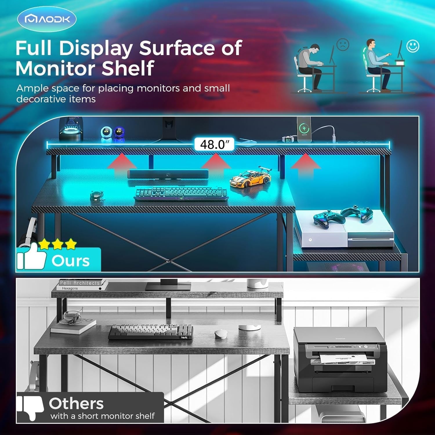 48 Inch LED Gaming Desk With Power Outlet And Shelves