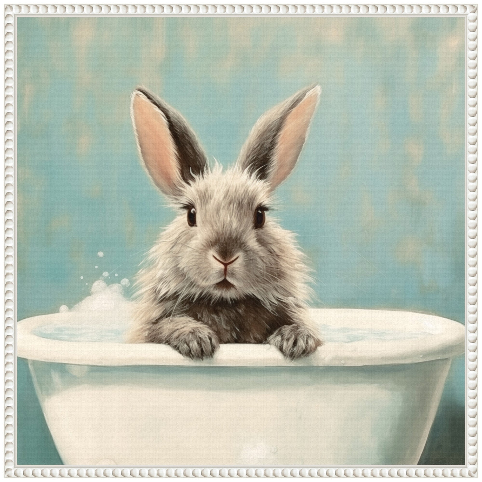 Sylvie Country Bunny White Bathtub Framed Canvas by The Creative Bunch Studio