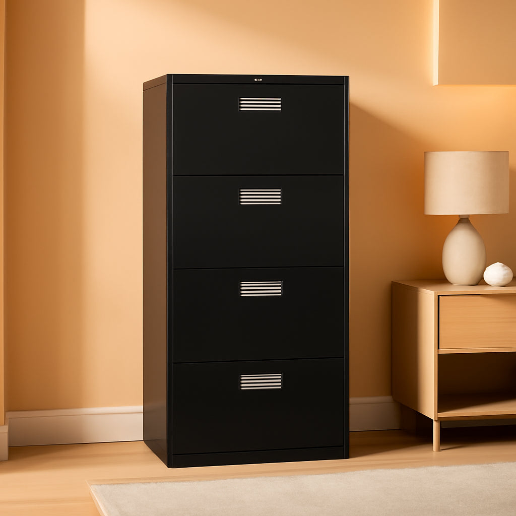 Lateral File Cabinet 4 Drawer Black Metal Office Storage