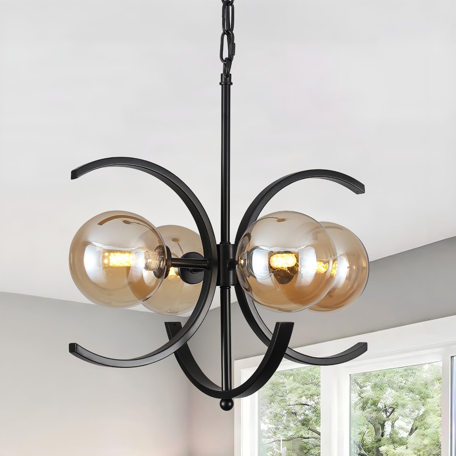 Black Sputnik Chandelier 4 Light Amber Glass Globes-0