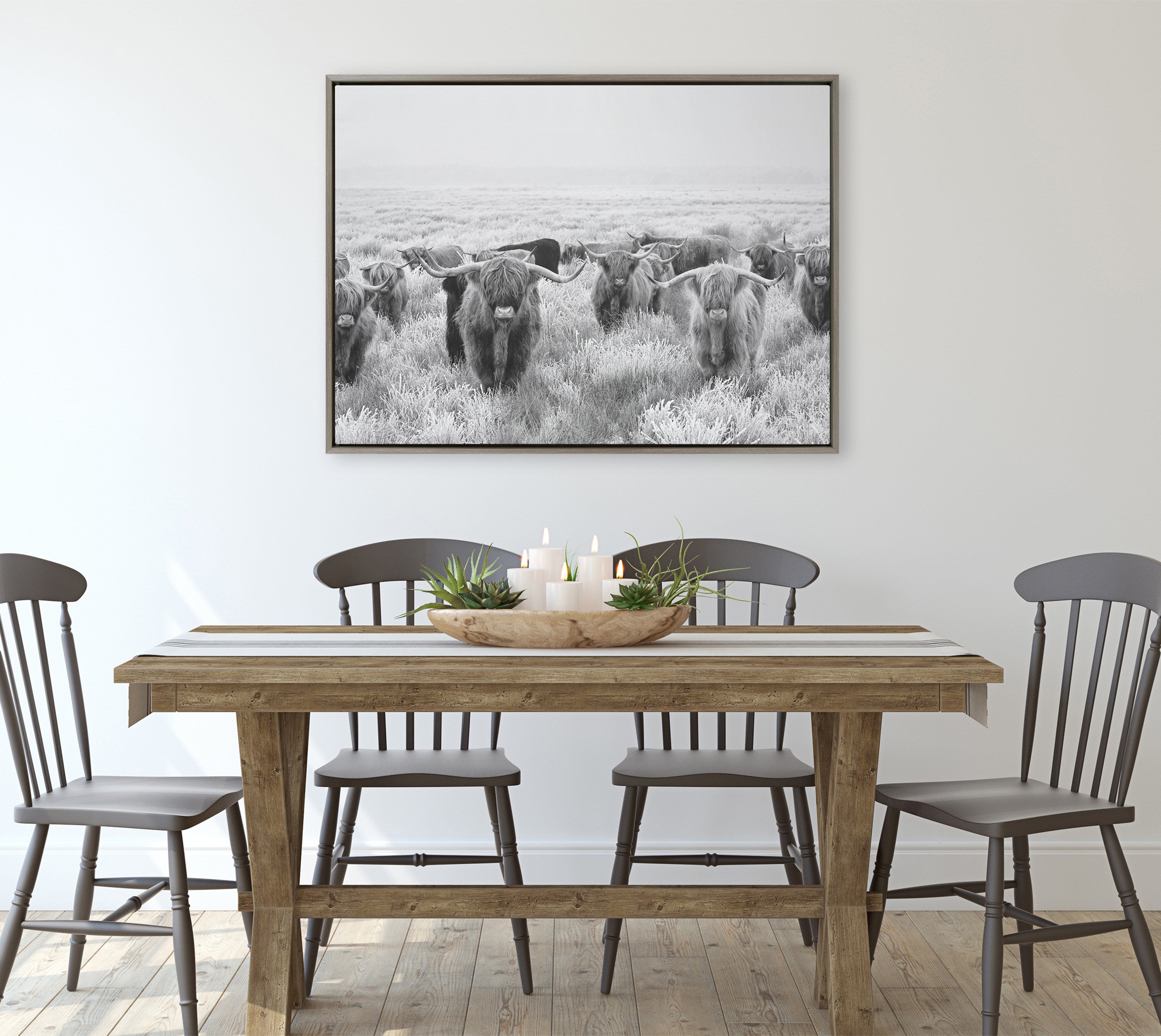 Sylvie Herd of Highland Cows Black and White Framed Canvas by The Creative Bunch Studio