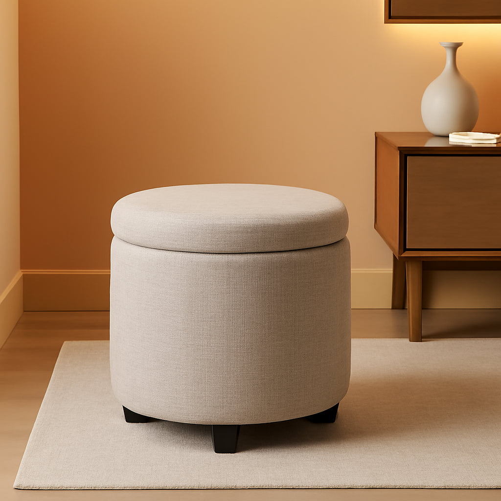 Round Storage Ottoman Upholstered Removable Tray Lid