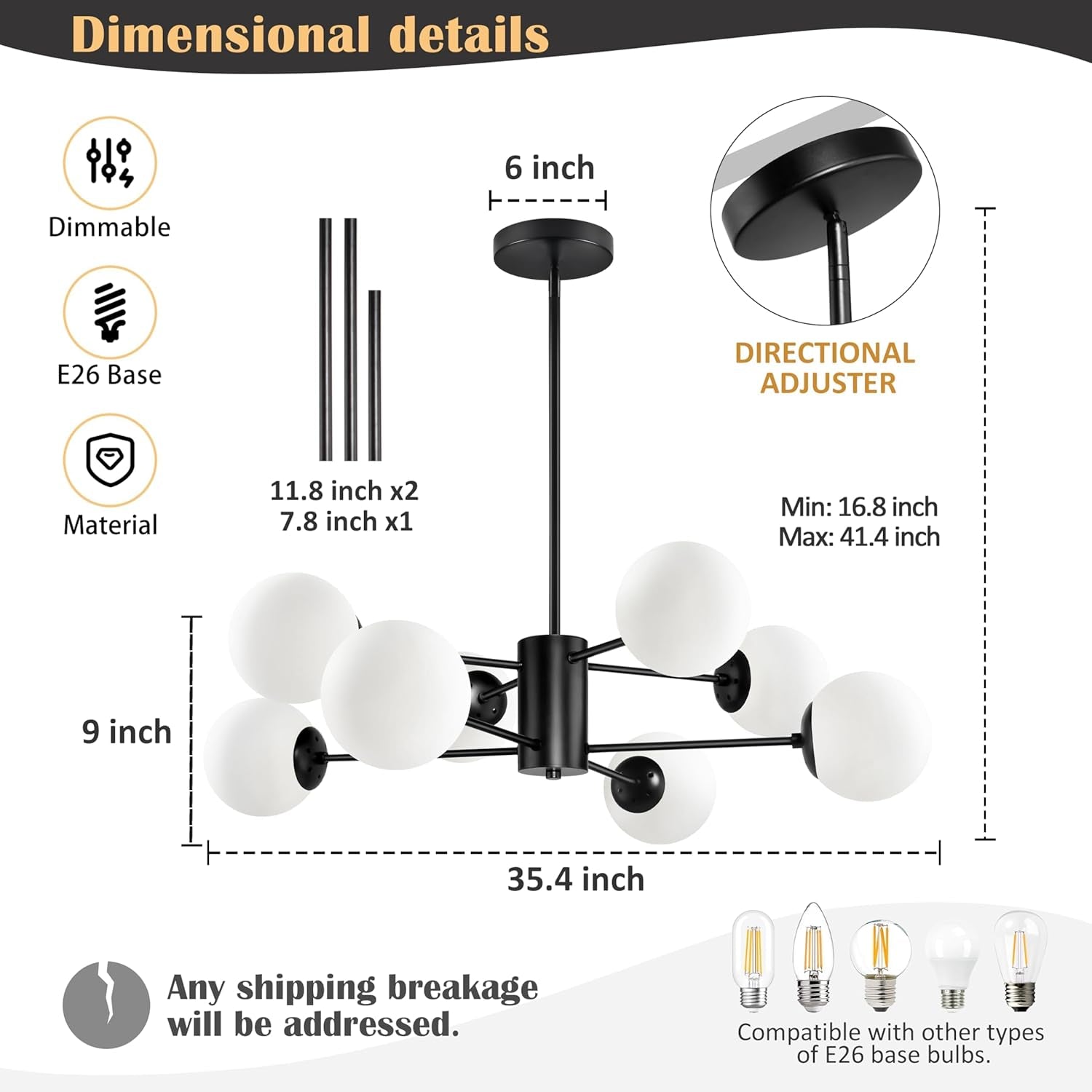 Matte Black Eight Light Adjustable Sputnik Chandelier-3