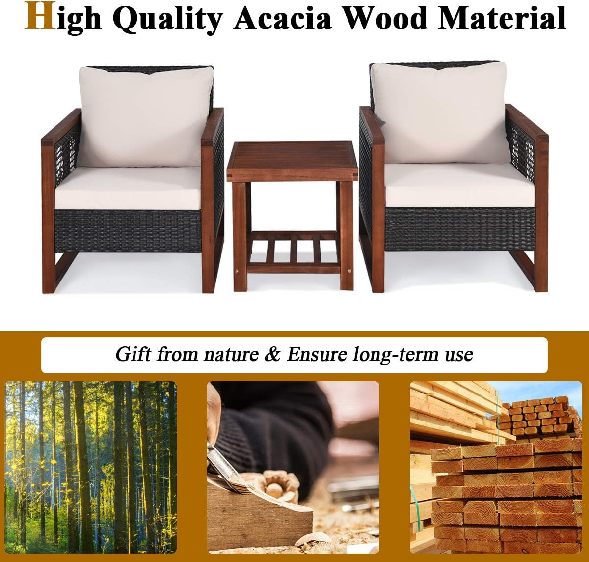 3 Piece Patio Wicker Furniture Set With Beige Washable Cushions And Acacia Wood Coffee Table