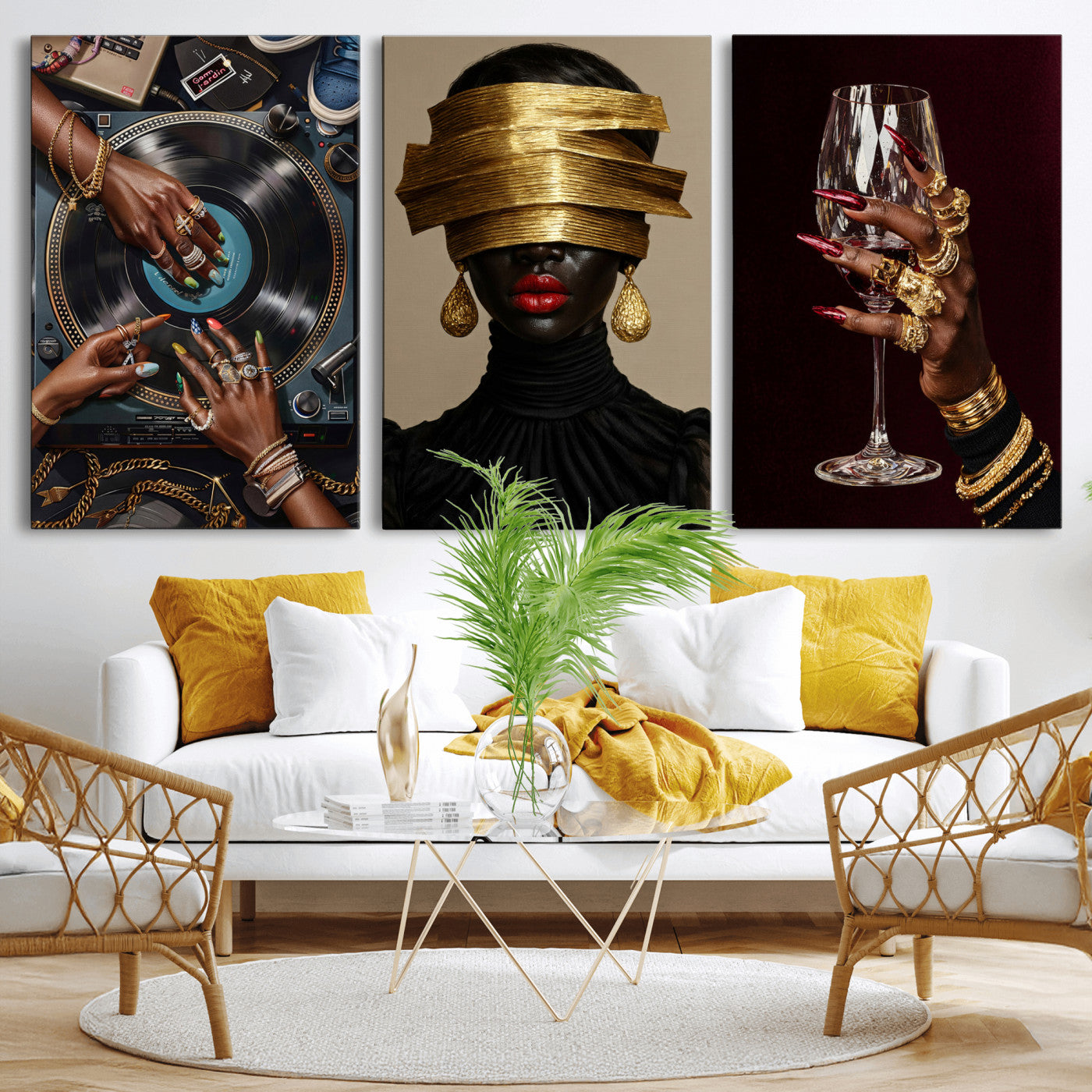 Luxury Fashion Wall Art Canvas Print Set of 3, Gold Jewelry