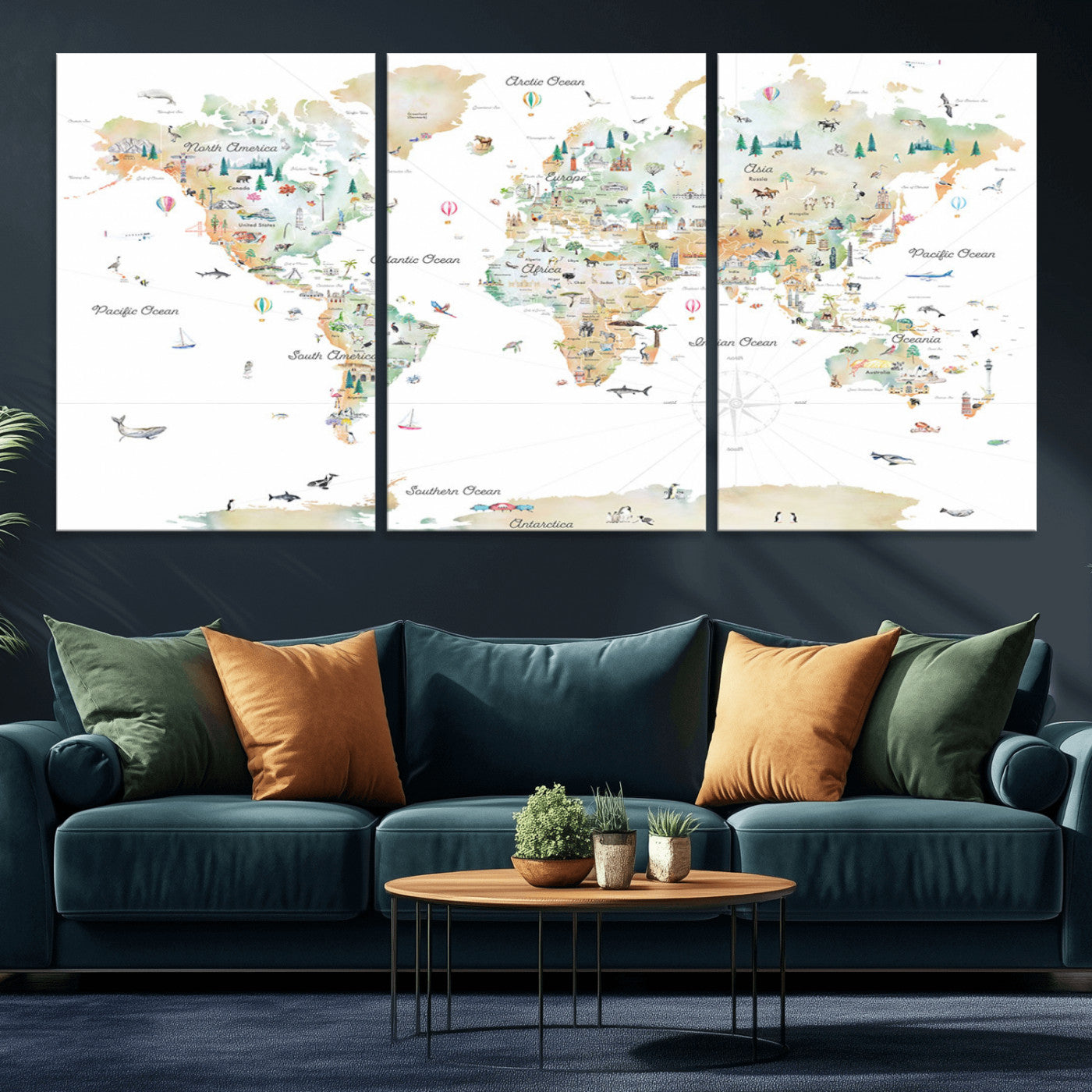 Animal World Map for Kids Room Decor
