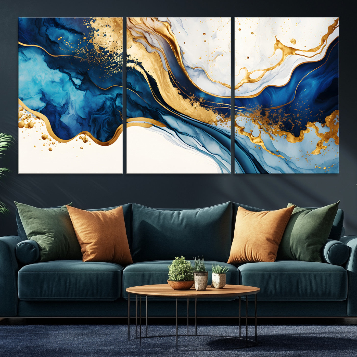 Blue Gold Flow Wall Art Canvas Print – Framed Marble Design
