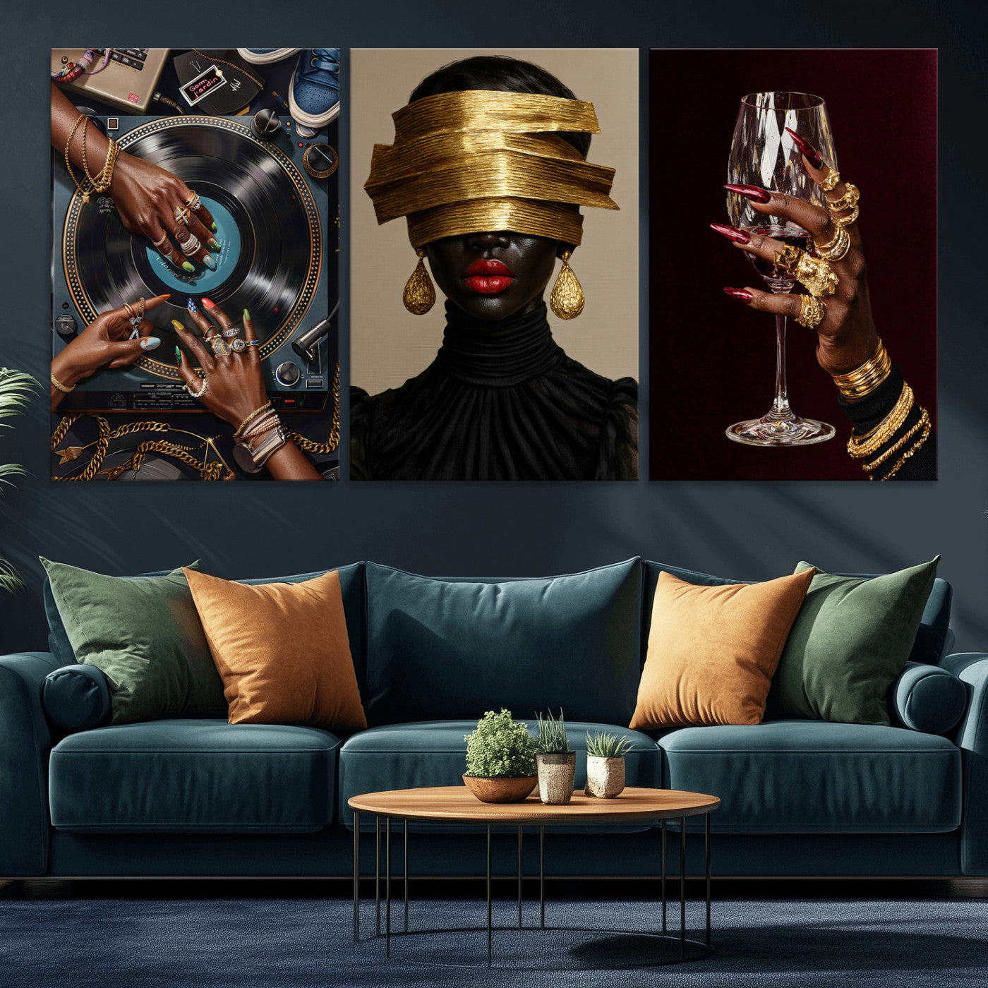 Luxury Fashion Wall Art Canvas Print Set of 3, Gold Jewelry