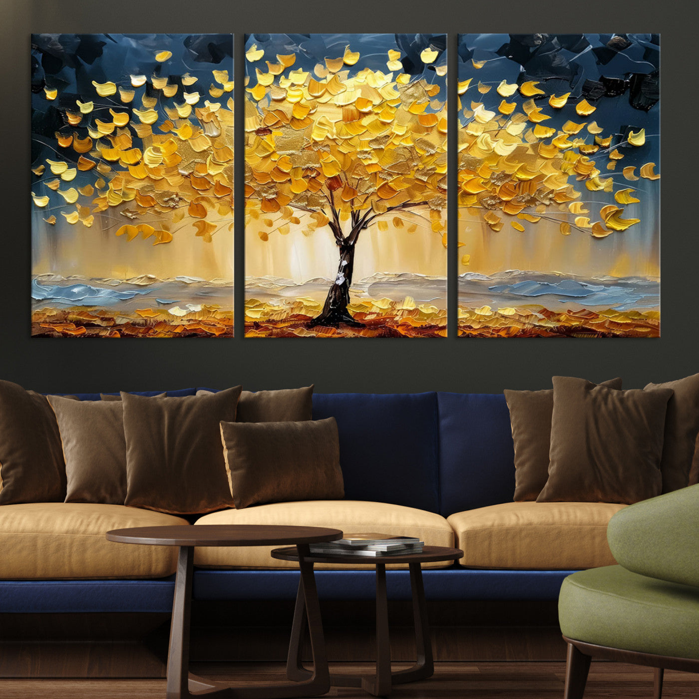 Golden Tree Wall Art – Framed Autumn Leaves Canvas Artwork,
