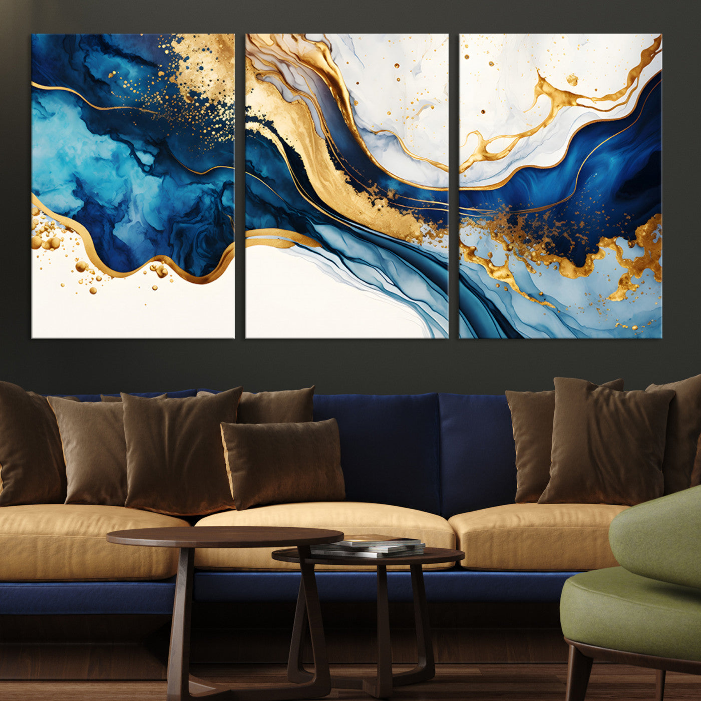 Blue Gold Flow Wall Art Canvas Print – Framed Marble Design