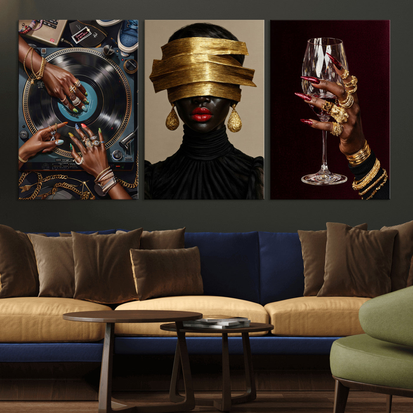 Luxury Fashion Wall Art Canvas Print Set of 3, Gold Jewelry