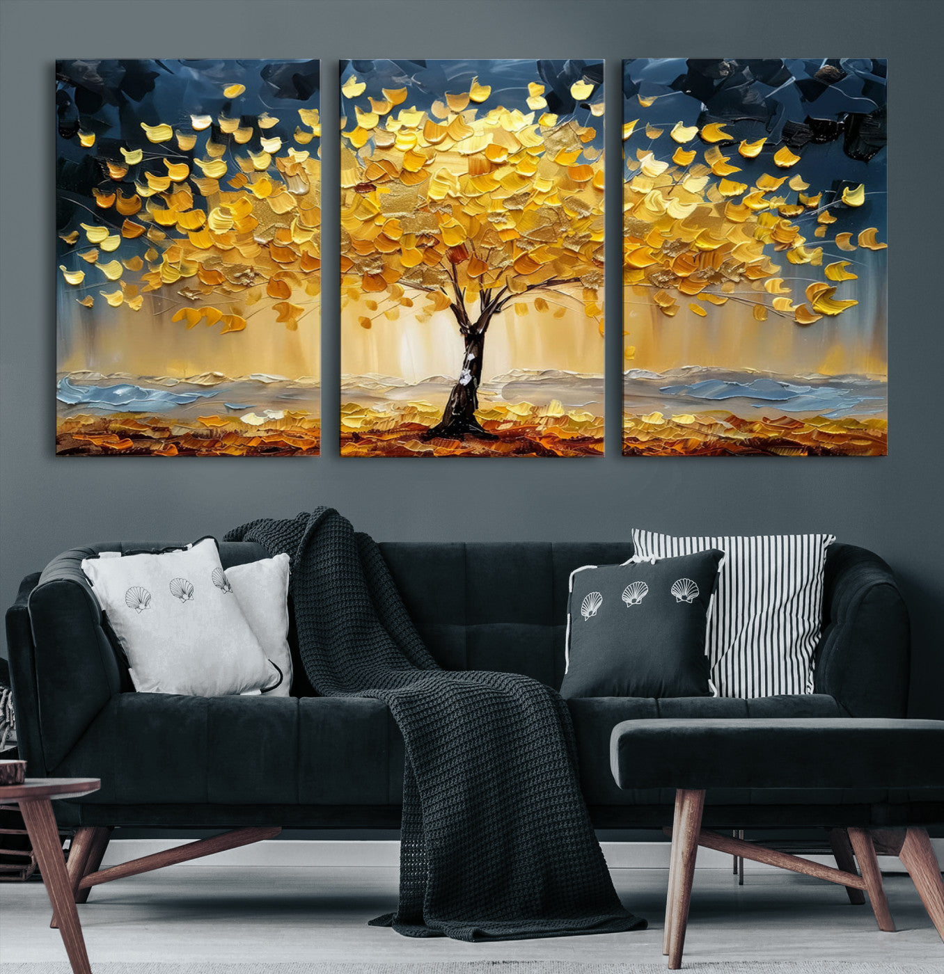 Golden Tree Wall Art – Framed Autumn Leaves Canvas Artwork,