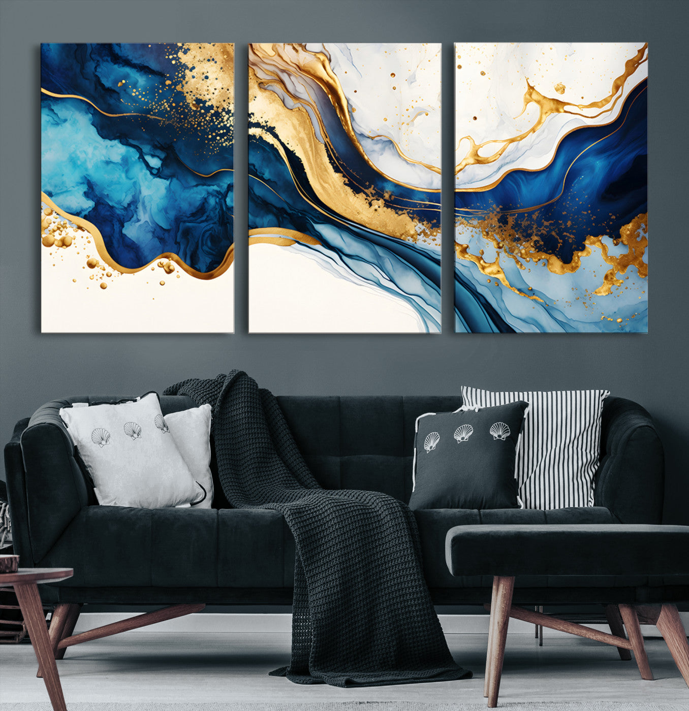 Blue Gold Flow Wall Art Canvas Print – Framed Marble Design