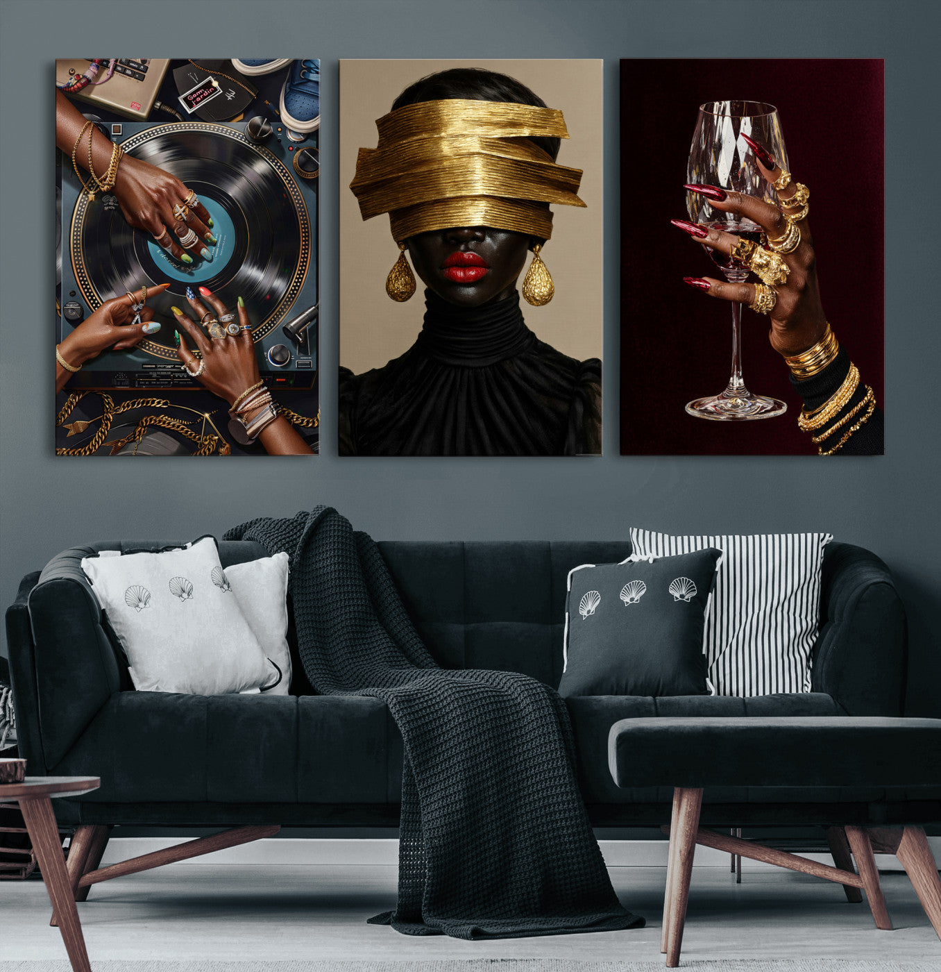 Luxury Fashion Wall Art Canvas Print Set of 3, Gold Jewelry