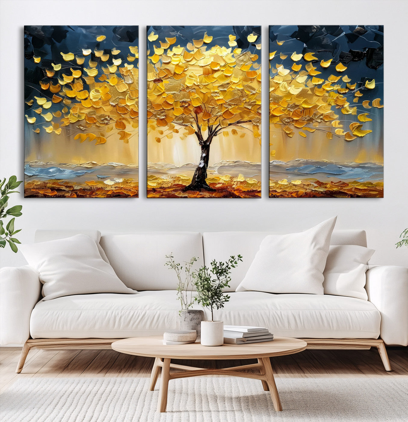 Golden Tree Wall Art – Framed Autumn Leaves Canvas Artwork,