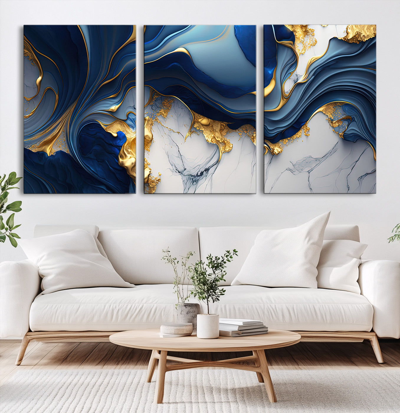 Blue Marble Wall Art Canvas Print – Framed Gold Veins