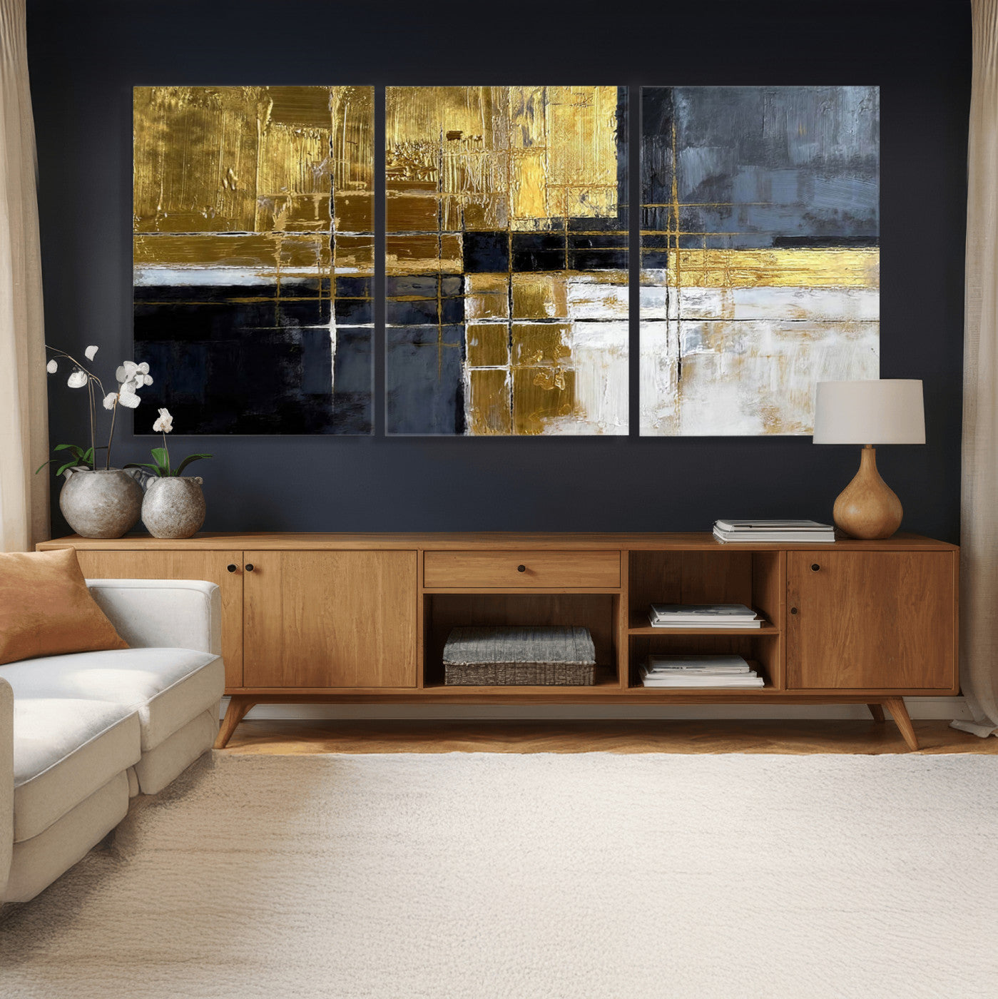 Gold Navy Abstract Wall Art Canvas Print, Modern Luxury