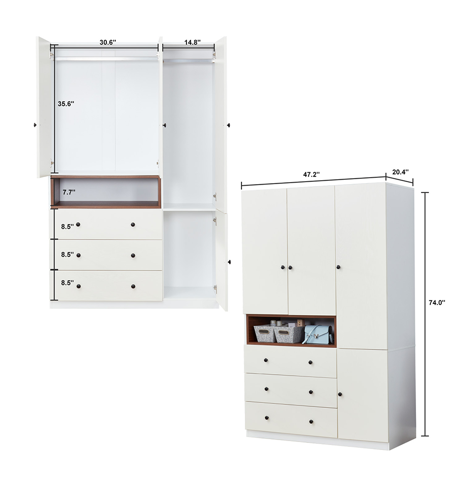 74'' H 3-Door White Wood Wardrobe Closet | Freestanding Armoire with Hanging Rod & Large Storage for Bedroom & Bathroom