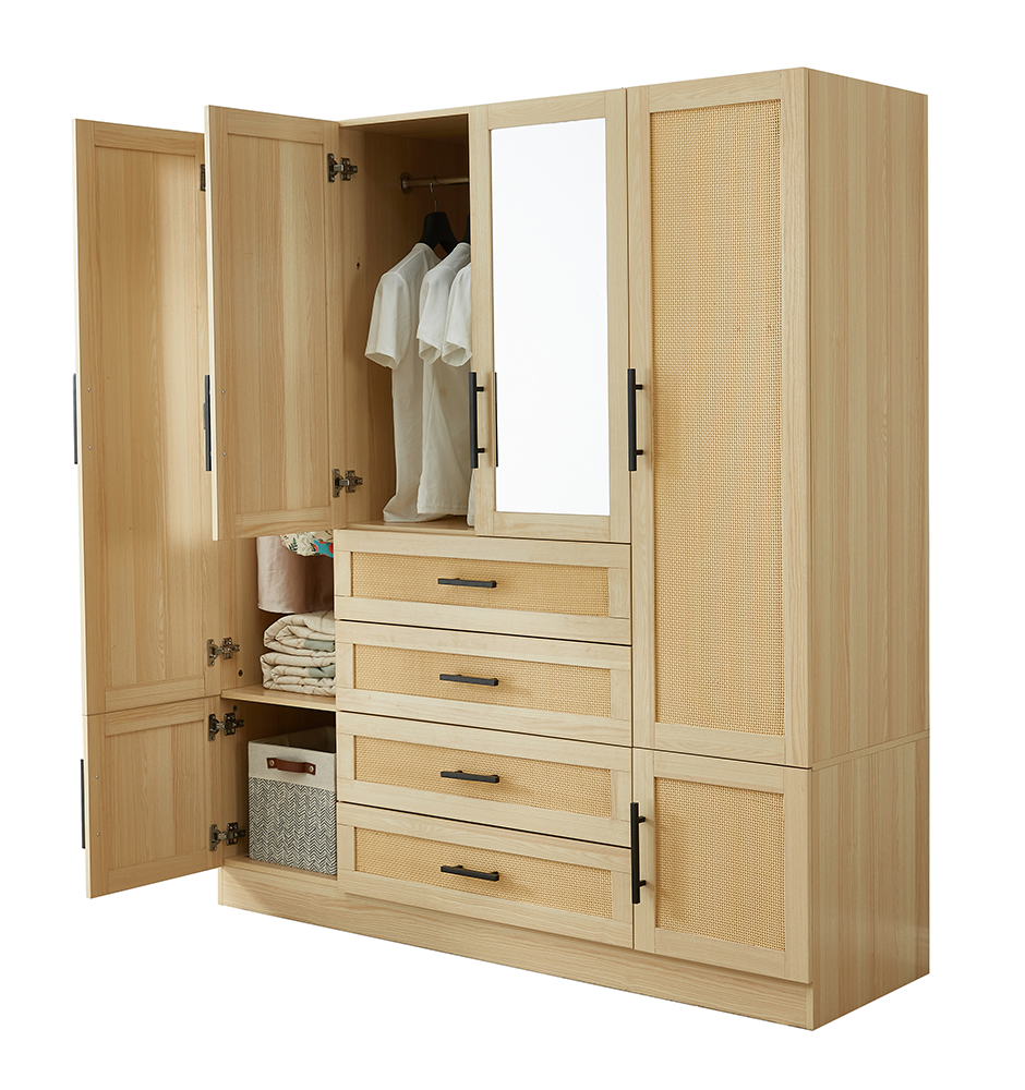 Natural Rattan Armoire Wardrobe – Wood 4-Door, 4-Drawer Closet with Mirrors, Hanging Rod & Shelves