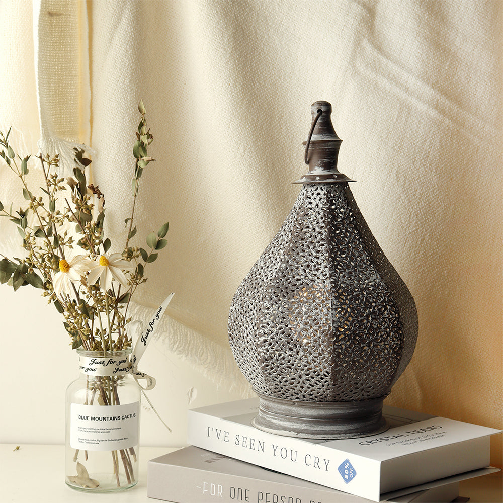 12''H Moroccan Metal Table Lamp Battery Powered Cordless Lamp with LED Fairy Lights Bulb-2