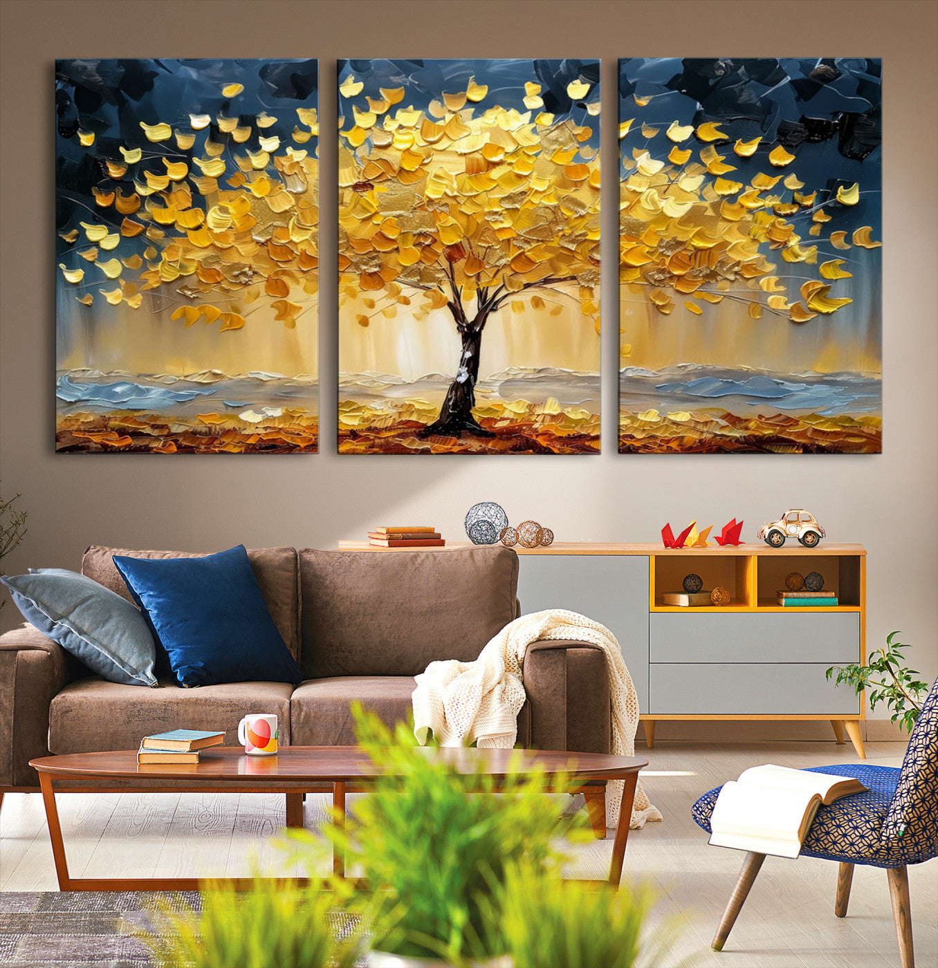 Golden Tree Wall Art – Framed Autumn Leaves Canvas Artwork,