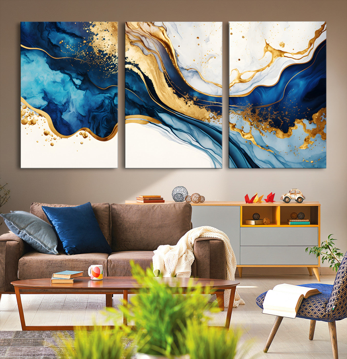 Blue Gold Flow Wall Art Canvas Print – Framed Marble Design
