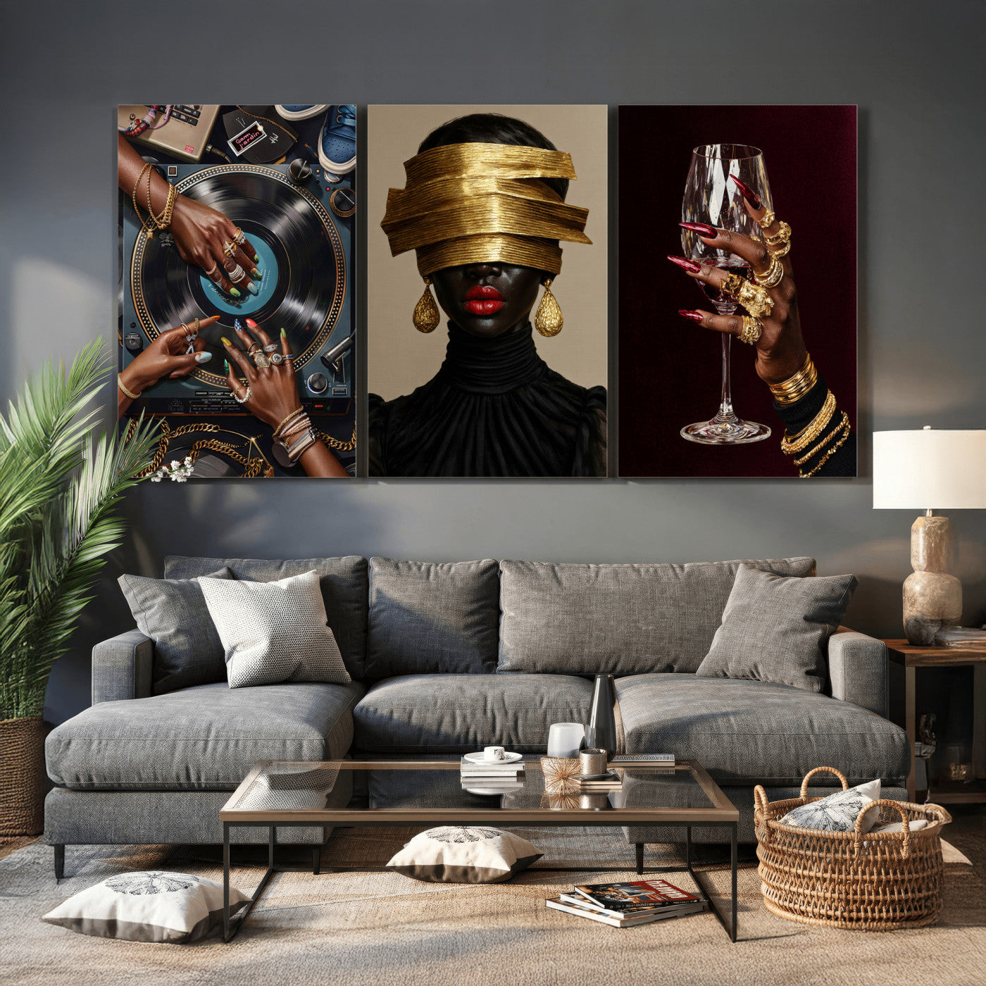 Luxury Fashion Wall Art Canvas Print Set of 3, Gold Jewelry