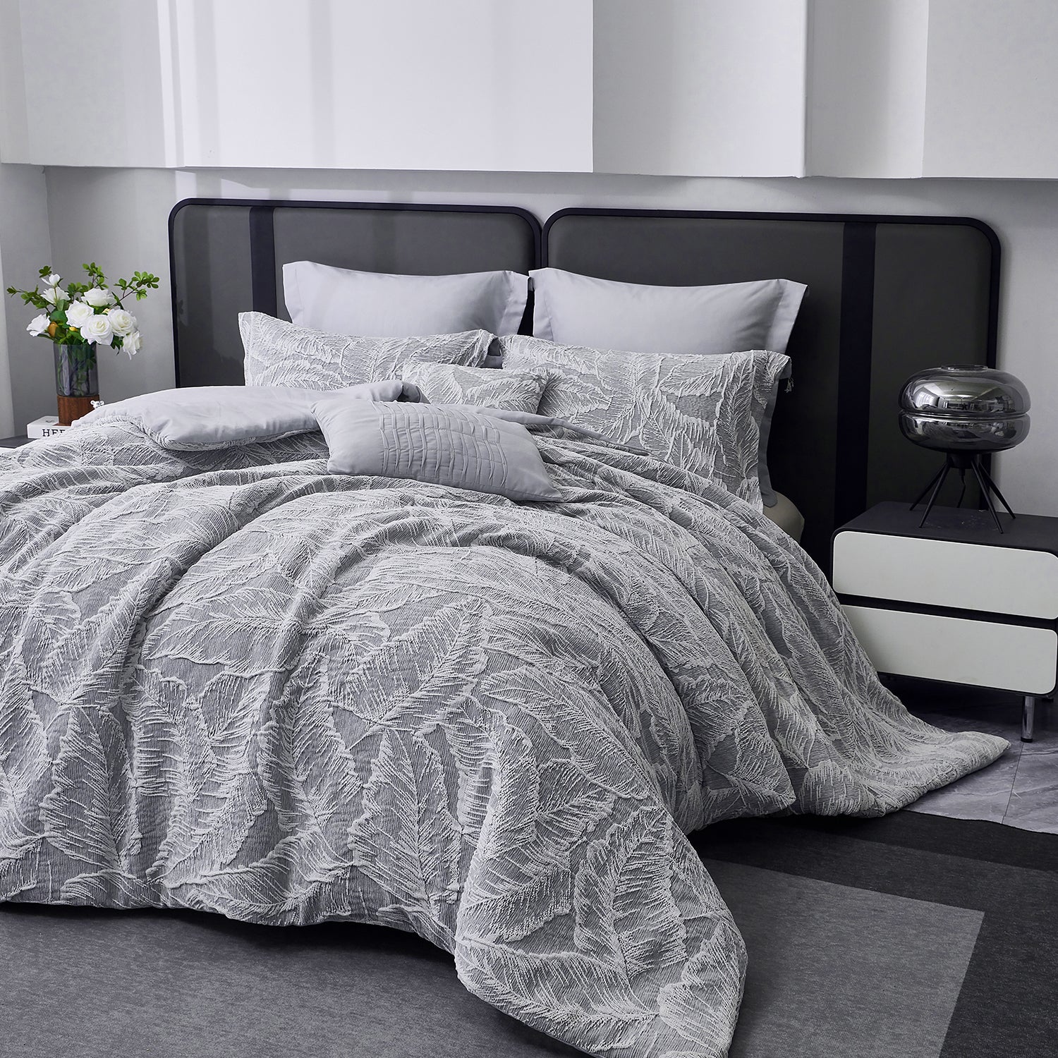Closeout - 7 Piece Gray Chenille Jacquard Comforter Set
