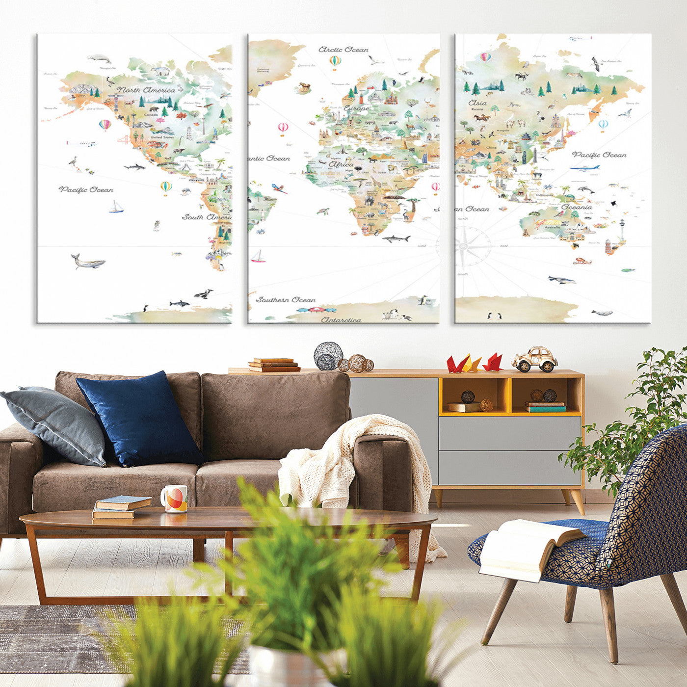 Animal World Map for Kids Room Decor