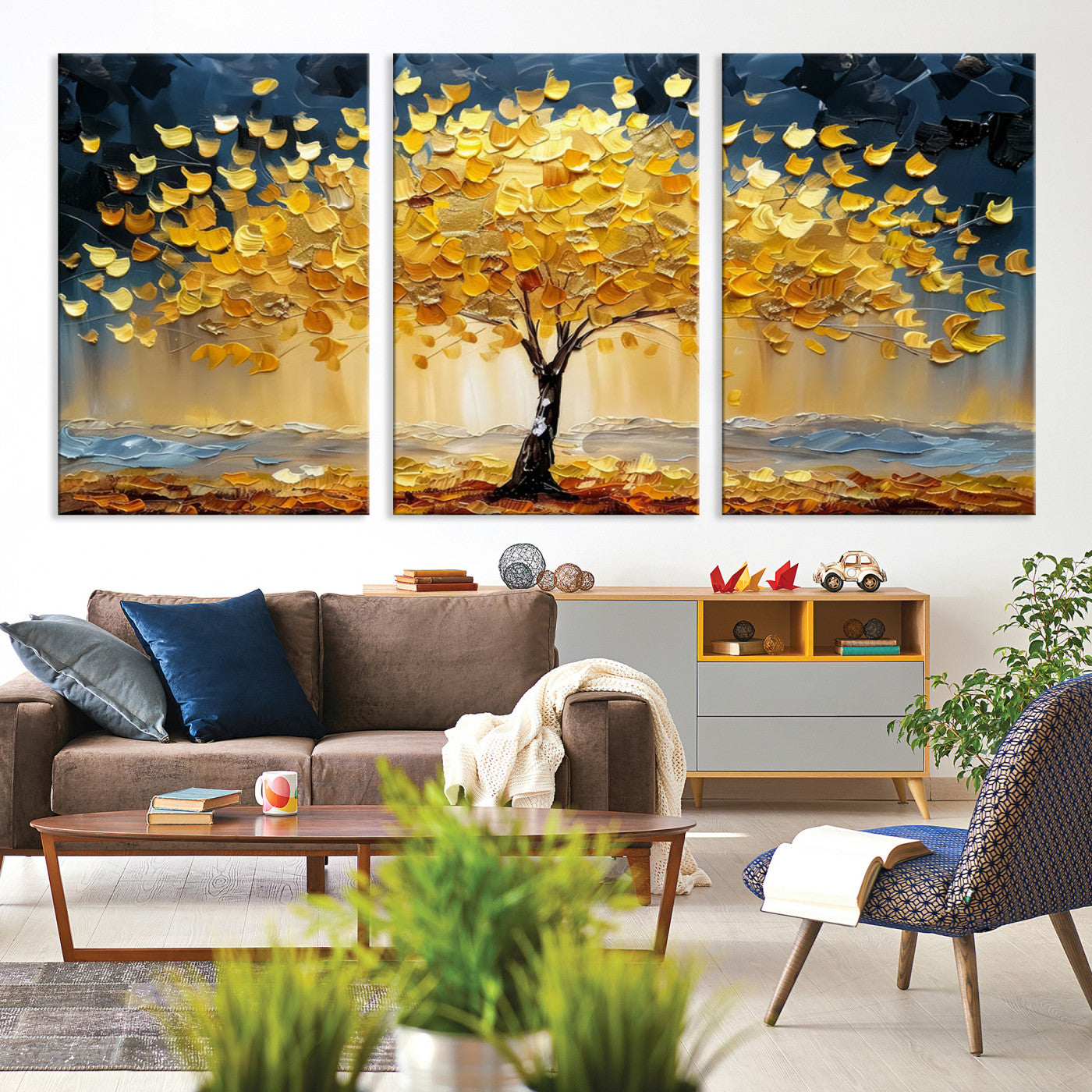 Golden Tree Wall Art – Framed Autumn Leaves Canvas Artwork,