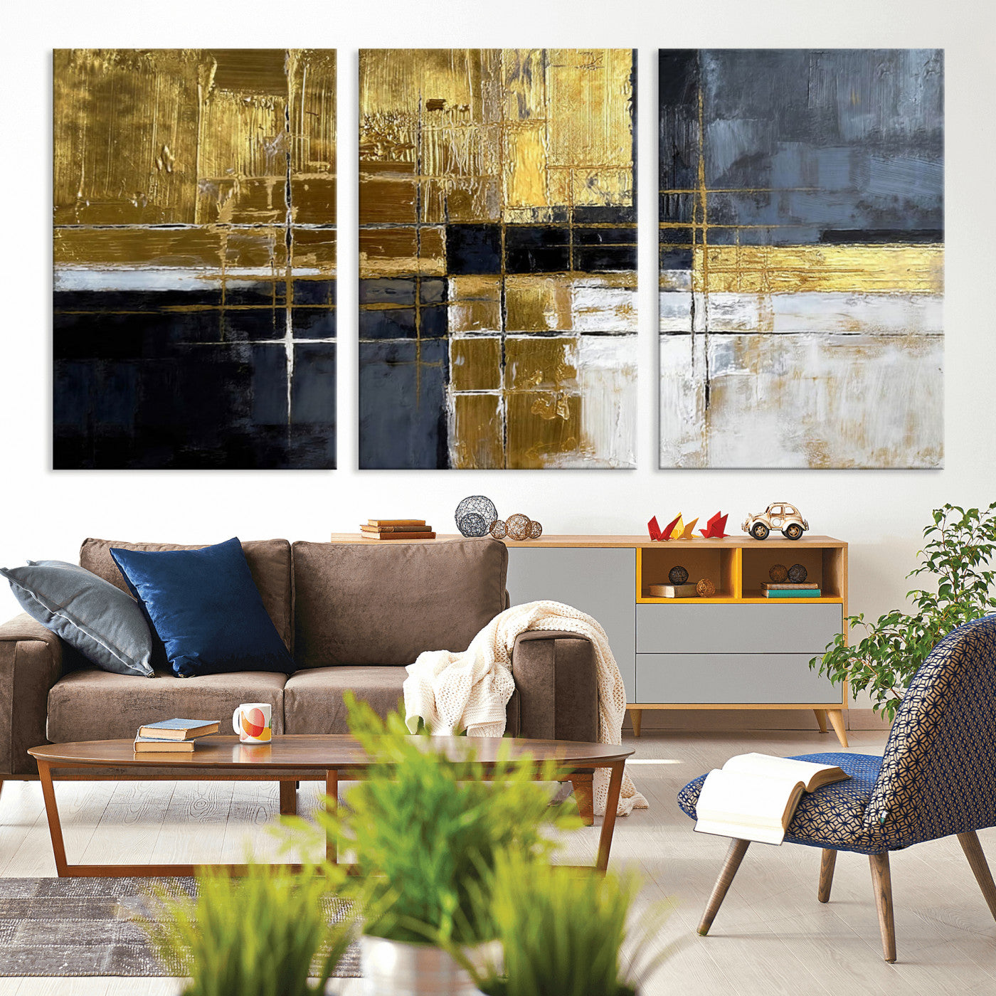 Gold Navy Abstract Wall Art Canvas Print, Modern Luxury