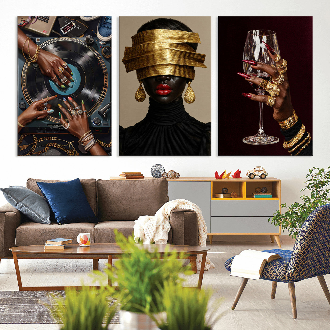 Luxury Fashion Wall Art Canvas Print Set of 3, Gold Jewelry