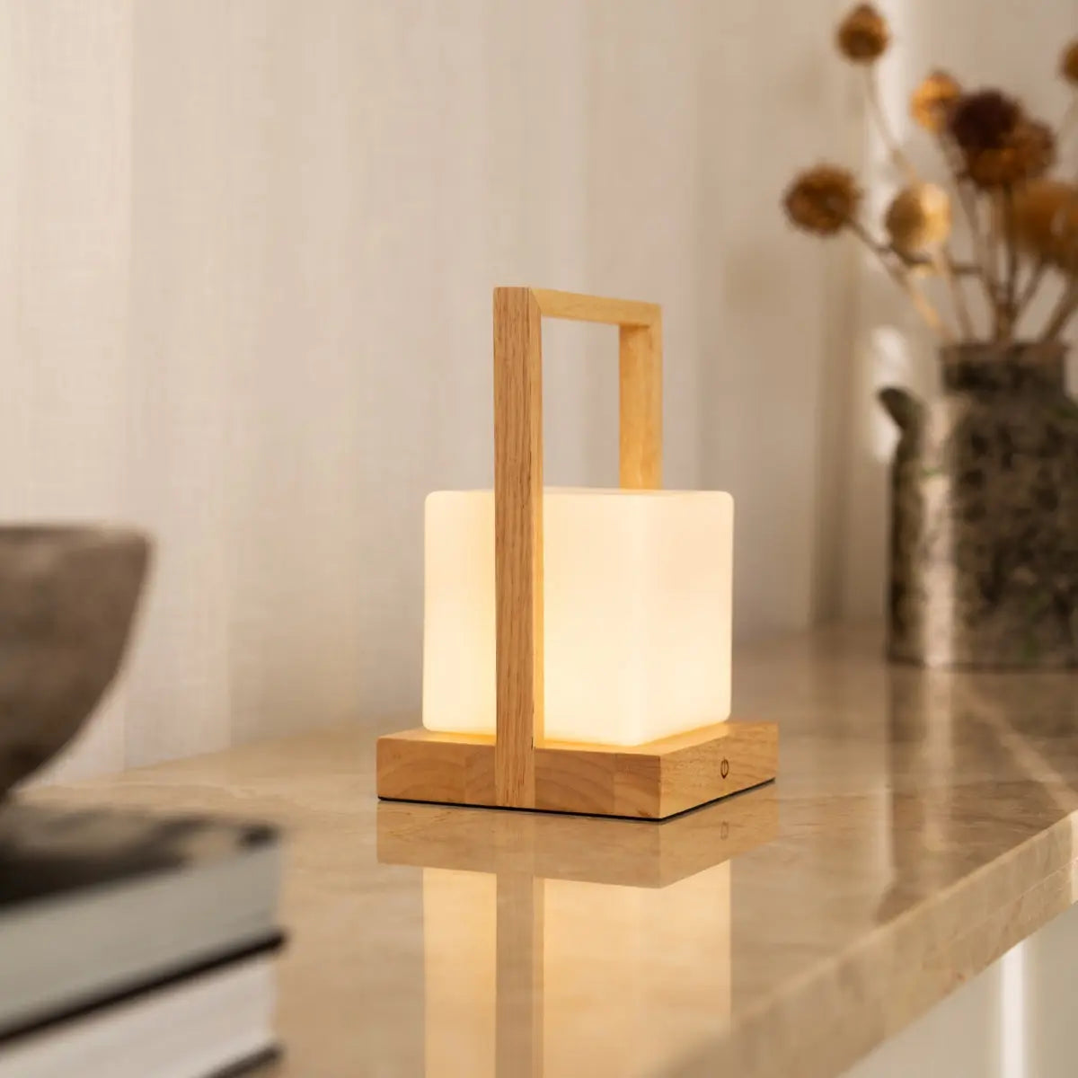 Noah Light Brown Rechargeable Table Lamp With Glass and Wooden Handle-4