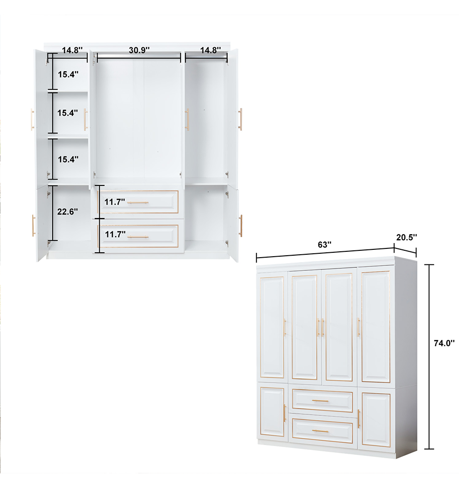 74'' H 4-Door White Wooden Wardrobe Closet | Freestanding Bedroom Armoire with 2 Drawers, Hanging Rod & Storage Shelves