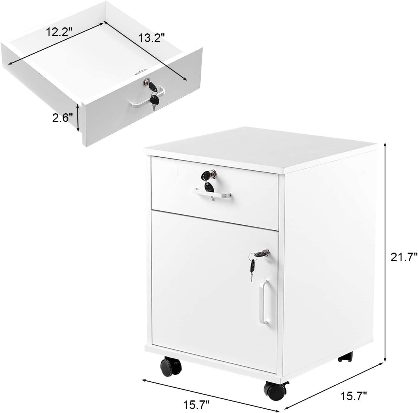White Mobile File Cabinet With Lockable Drawer And Door
