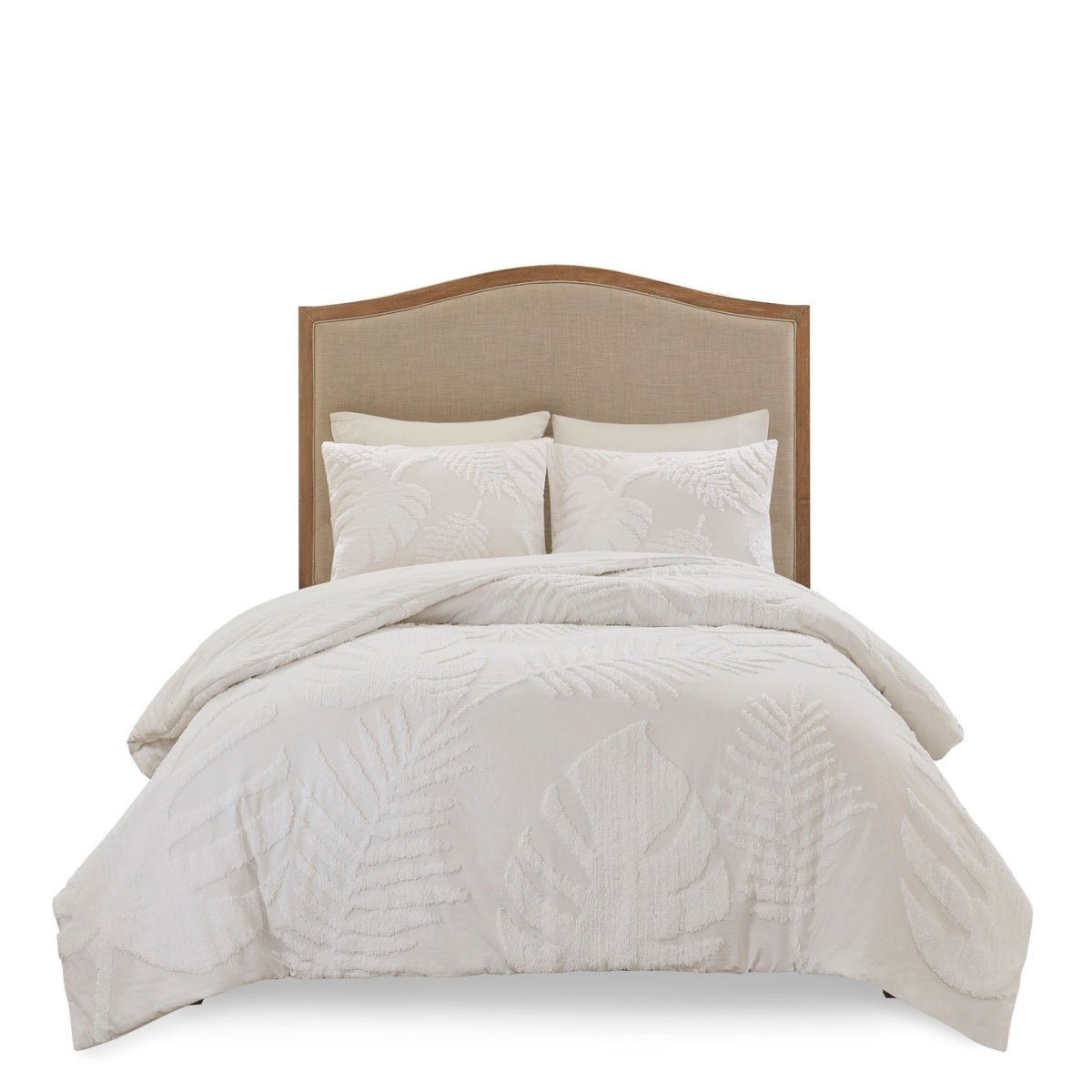 3 Piece Tufted Cotton Chenille Palm Comforter Set Off-White Full/Queen