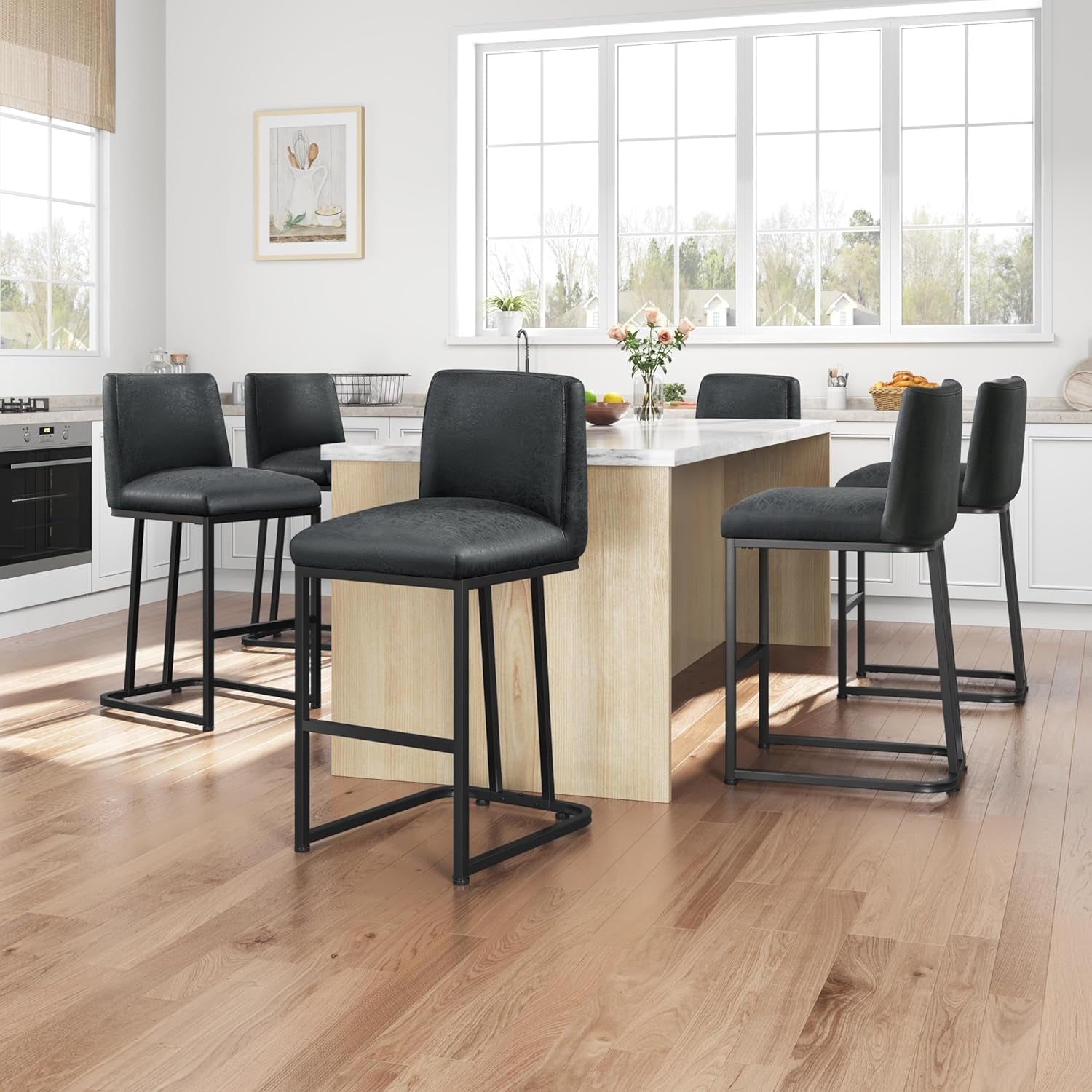 24 Inch Dark Gray Leather Counter Height Bar Stools Set 2