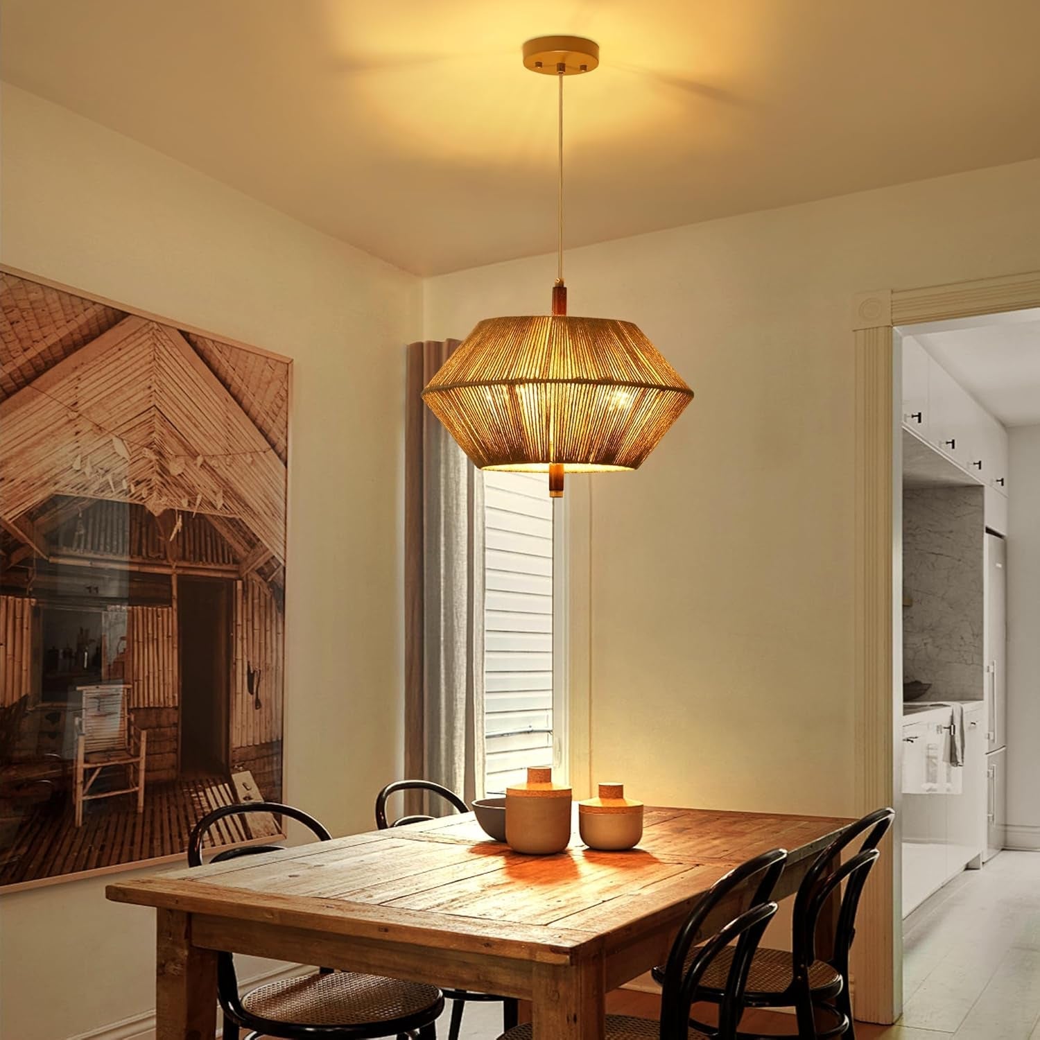 Handwoven Cotton Rope Shade Chandelier Dining Room-2