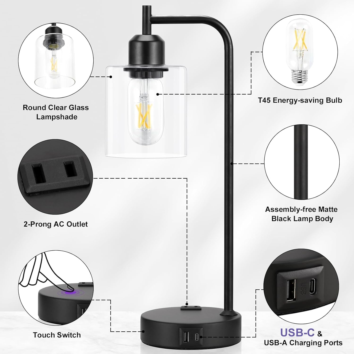 Industrial Touch Table Lamps Bundle Black 3 Way Dimmable USB